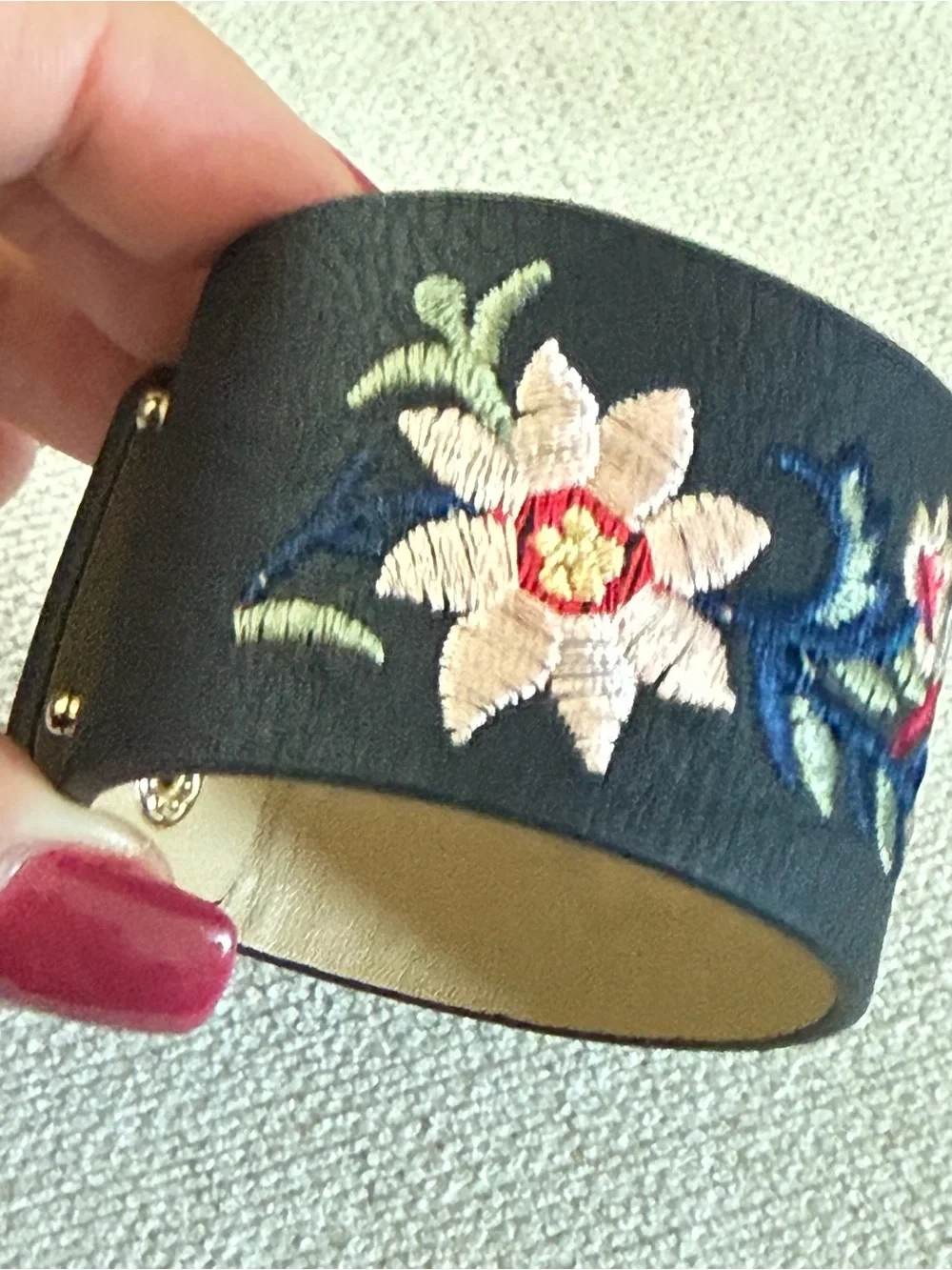 Embroidered Black Leather Floral Snap Bracelet